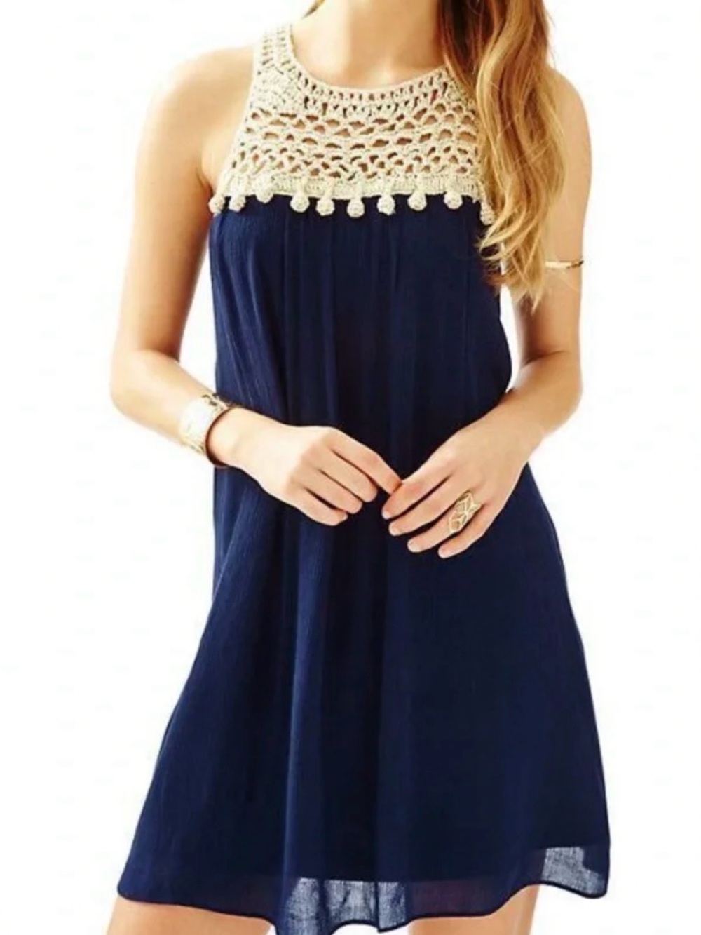 Lilly Pulitzer Navy Midi Dress with Cream Crochet Yoke